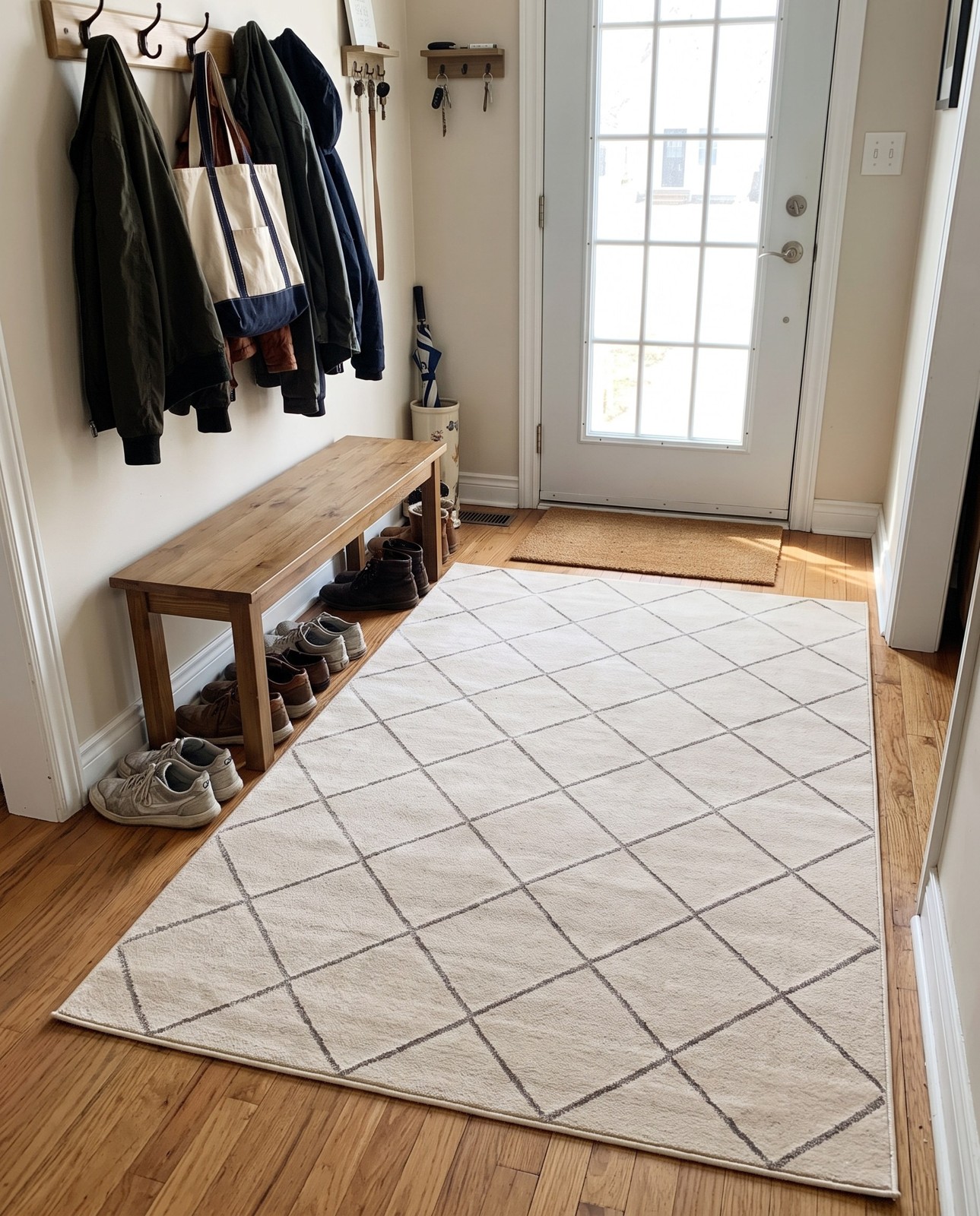 Detail image of 7' 10 x 10' Gilchrist · Diamond lattice rug, ivory and grey