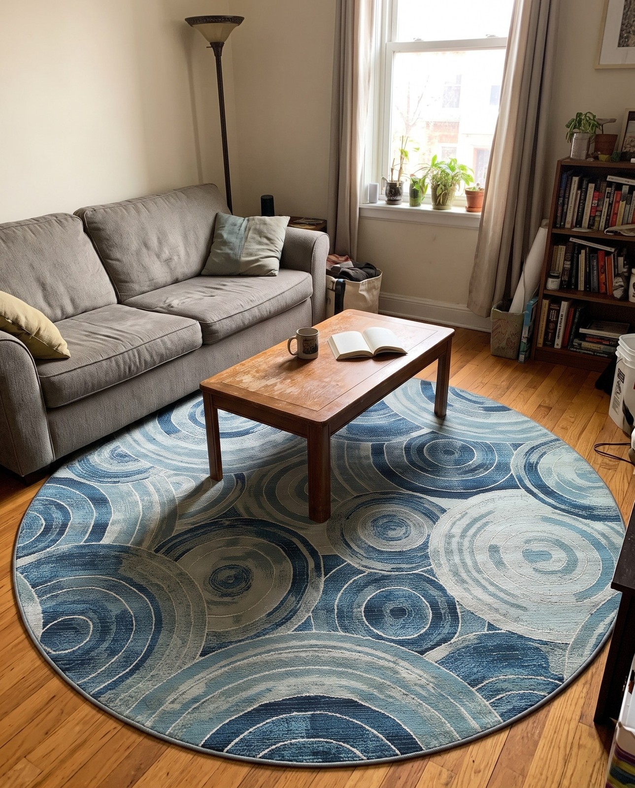 Detail image of 8' x 8' Lomax · Concentric circles Outdoor Rug, shades of blue
