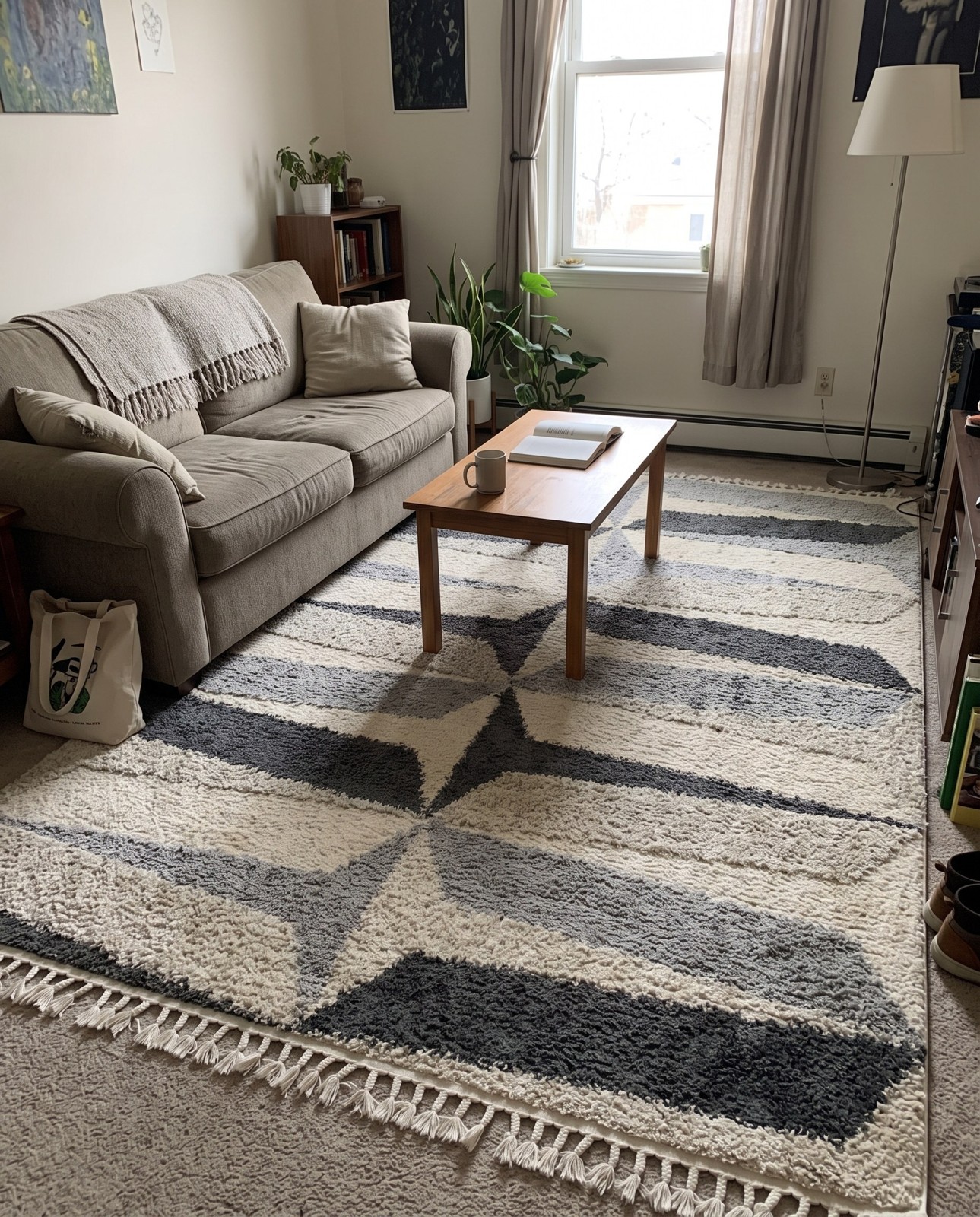 Detail image of 2' 2 x 3' Bridger · Geometric shag rug, gray and ivory
