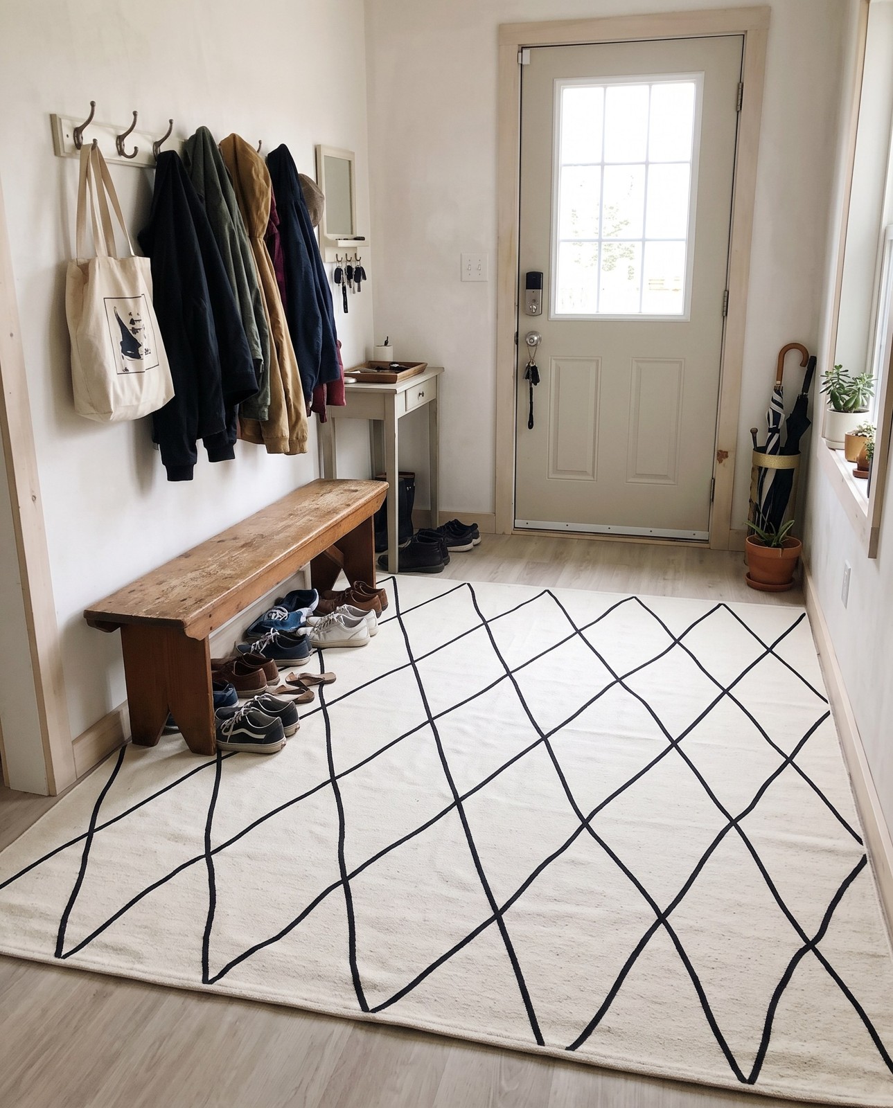 2' x 3' 1 Ledge · Diamond lattice rug, black and white