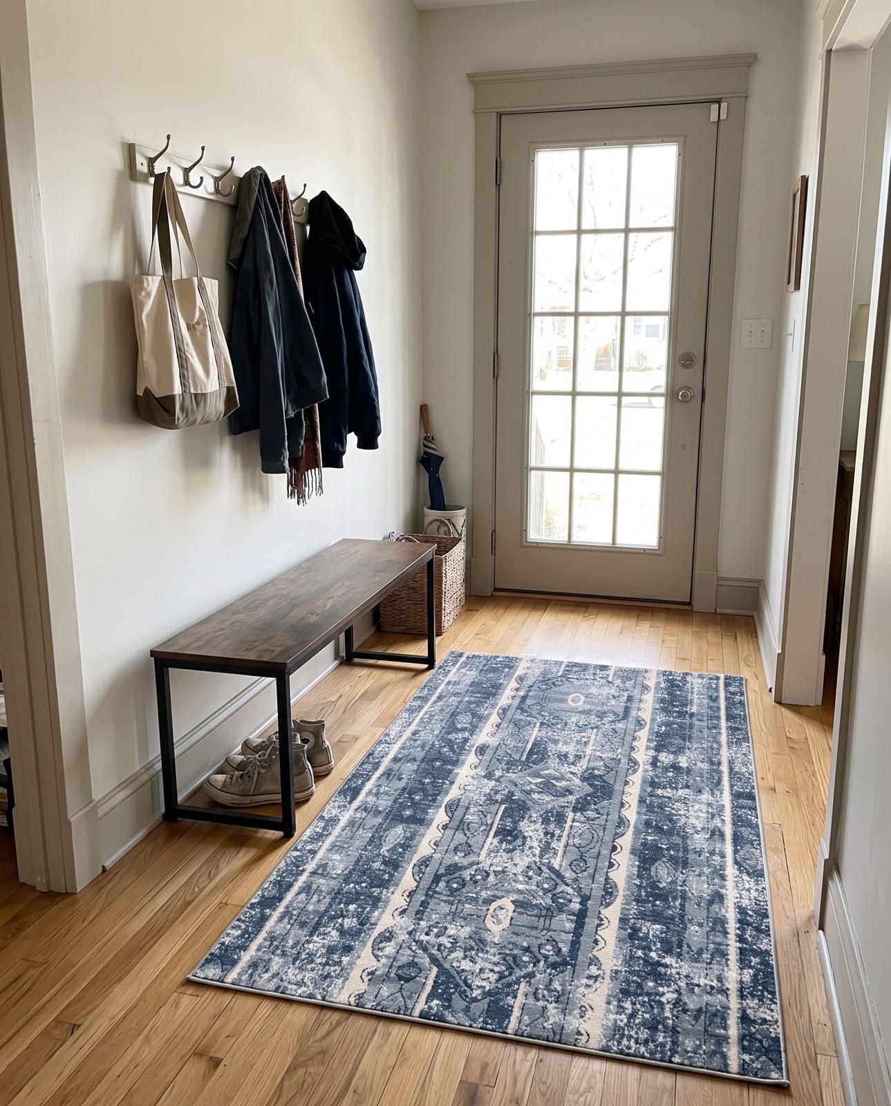 5' 3 x 8' Grouse · Distressed striped rug, blue and beige