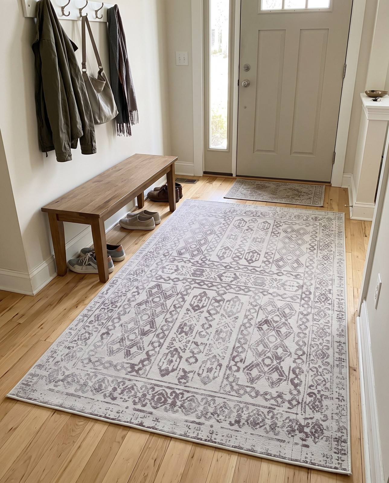 5' 3 x 8' Fitch · Geometric border rug, cream and gray