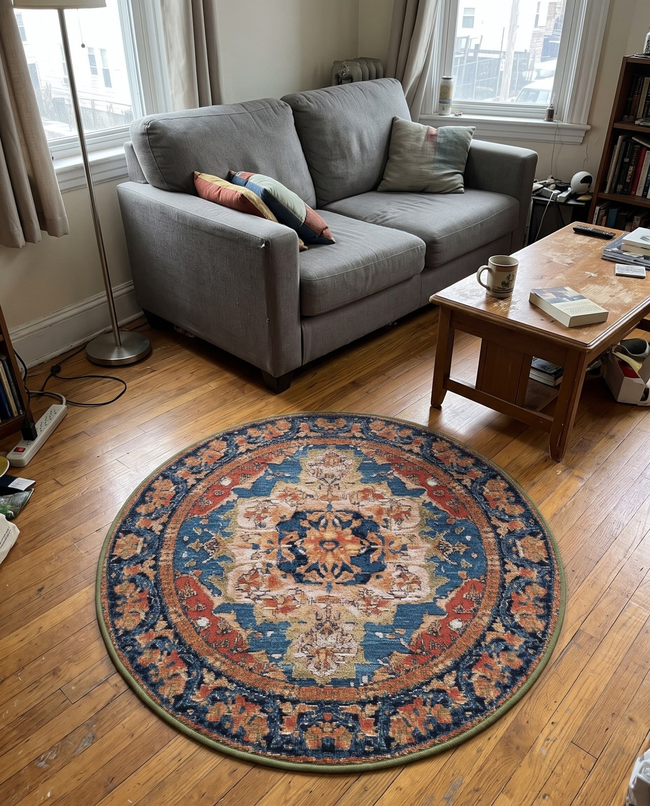 Detail image of 3' x 3' Lomax · Medallion Outdoor Rug, navy and rust