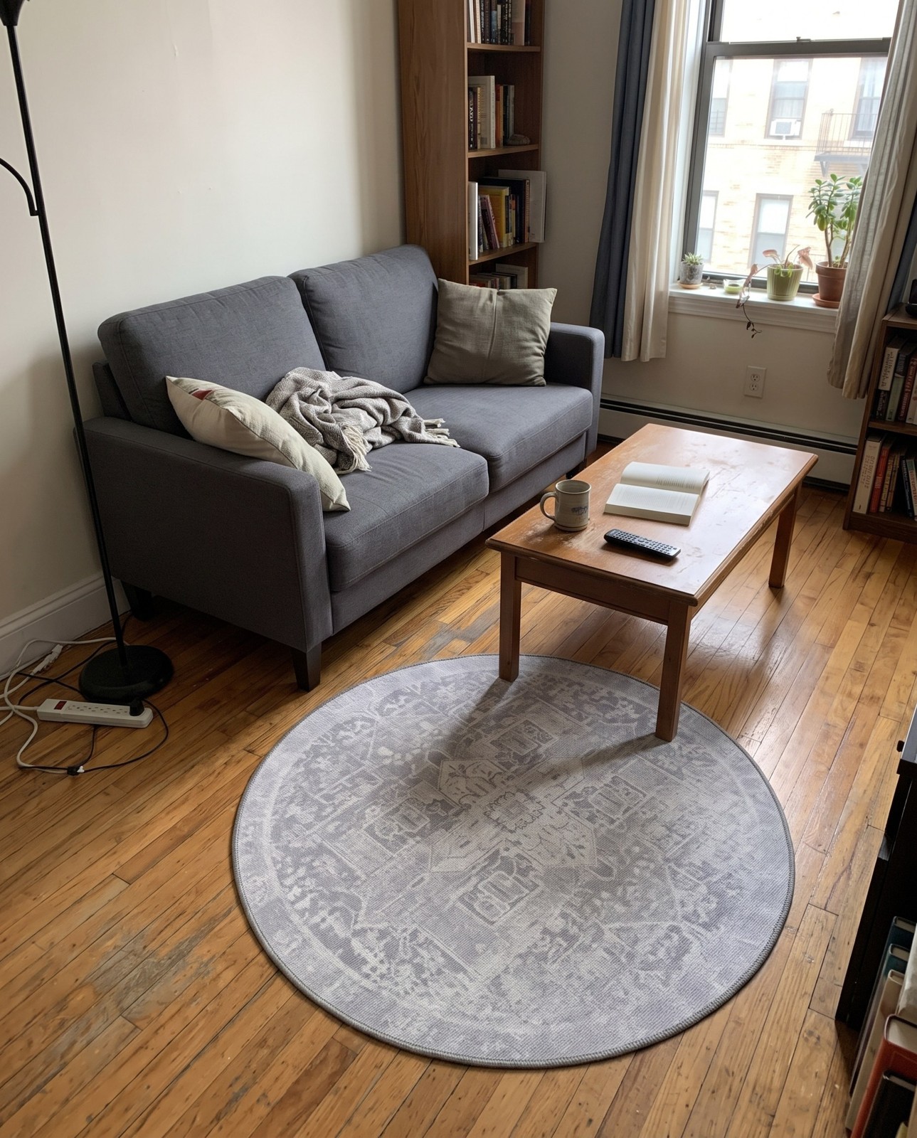 3' 6 x 3' 6 Clive · Faded medallion Washable Rug, gray and ivory