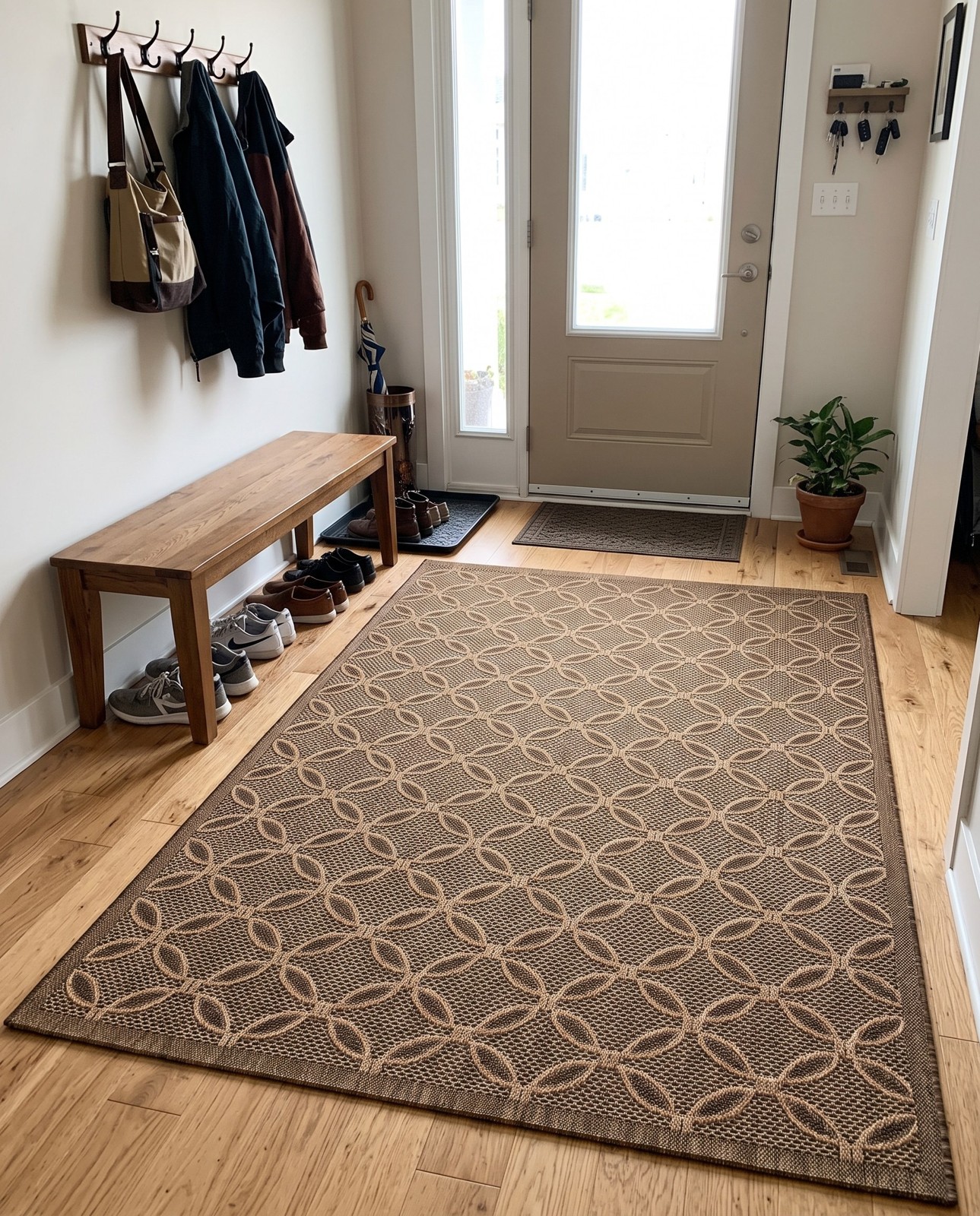 6' x 9' Fanshawe · Geometric lattice Outdoor Rug, brown and gold