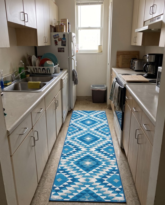 2' x 6' Lomax · Geometric diamond Outdoor Rug, blue and ivory