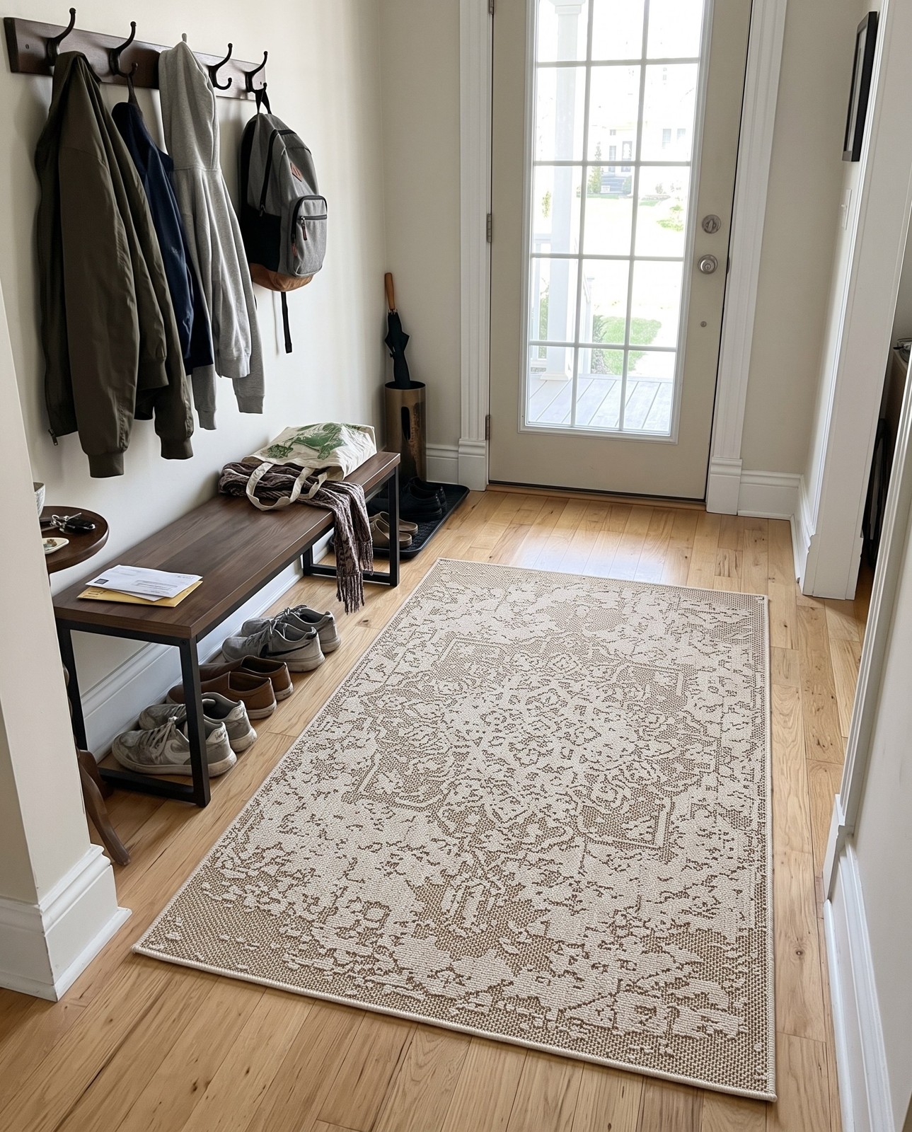 Detail image of 4' 1 x 6' 1 Cotter · Medallion Outdoor Rug, khaki