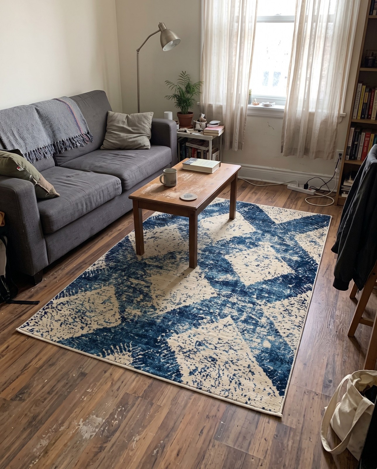 Detail image of 4' x 6' Whitaker · Diamond trellis rug, navy and cream