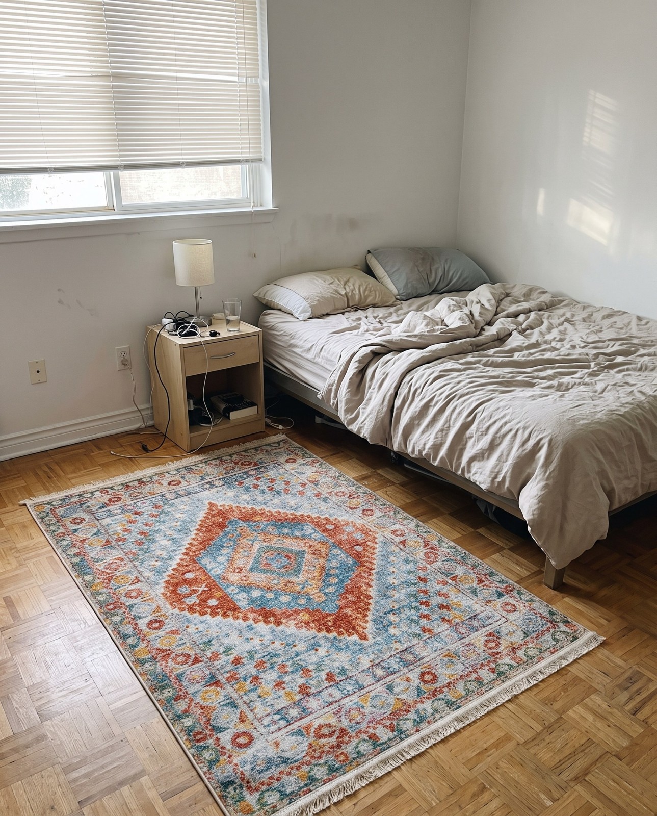 Detail image of 2' 2 x 3' Louisa · Diamond medallion rug, rust and blue