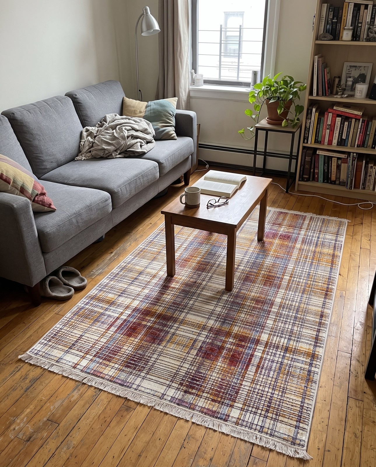 Detail image of 3' 3 x 5' Denham · Plaid rug, multi and ivory