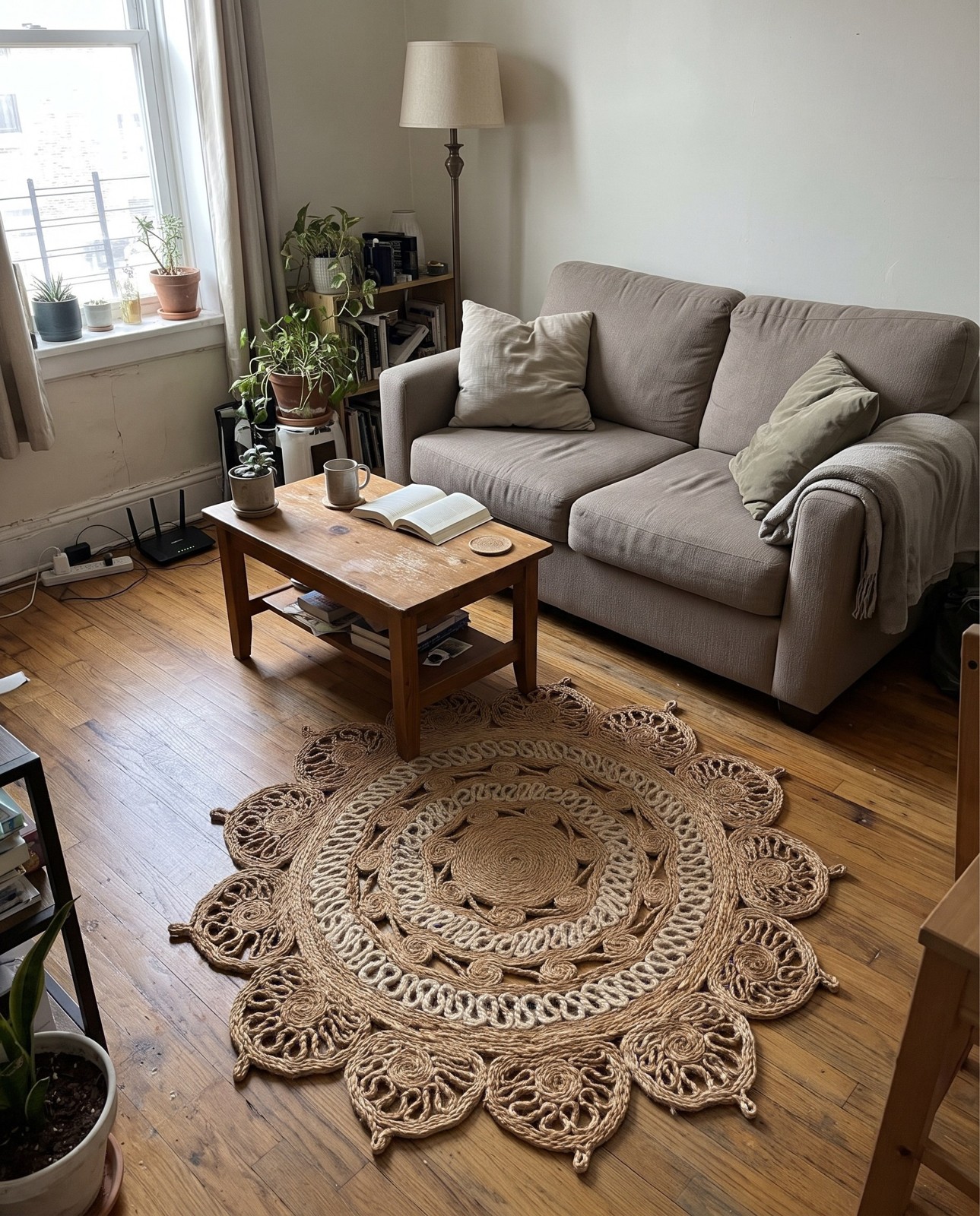 Detail image of 3' 1 x 3' 1 Anise · Braided medallion Braided Jute Rug, natural tan