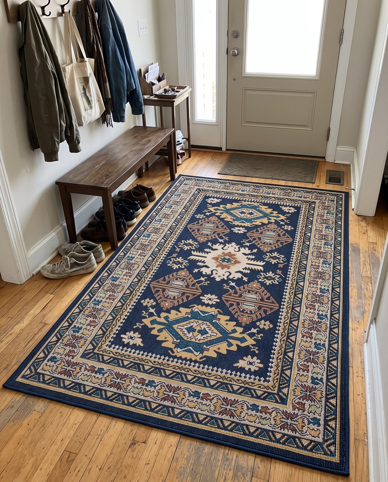 Detail image of 2' x 3' Waxwing · Border Outdoor Rug, navy blue