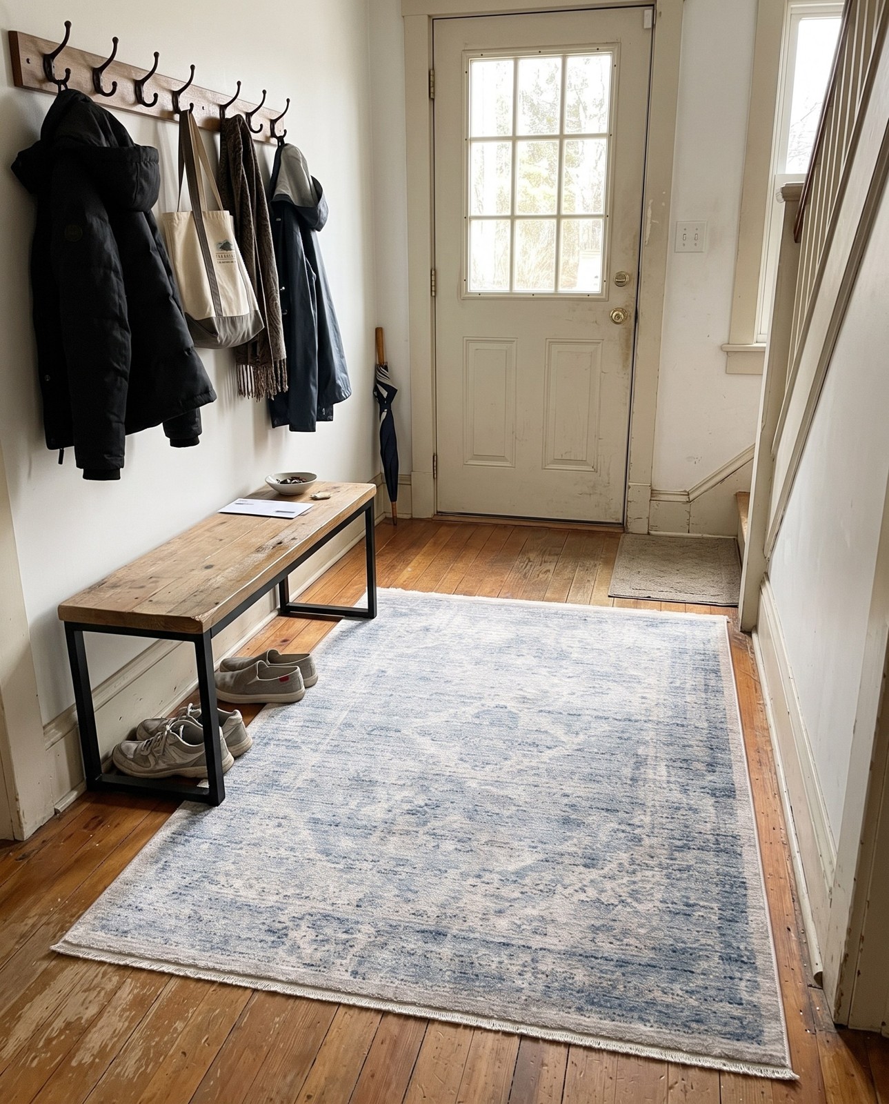 4' x 5' 7 Harbin · Distressed medallion rug, blue and gray