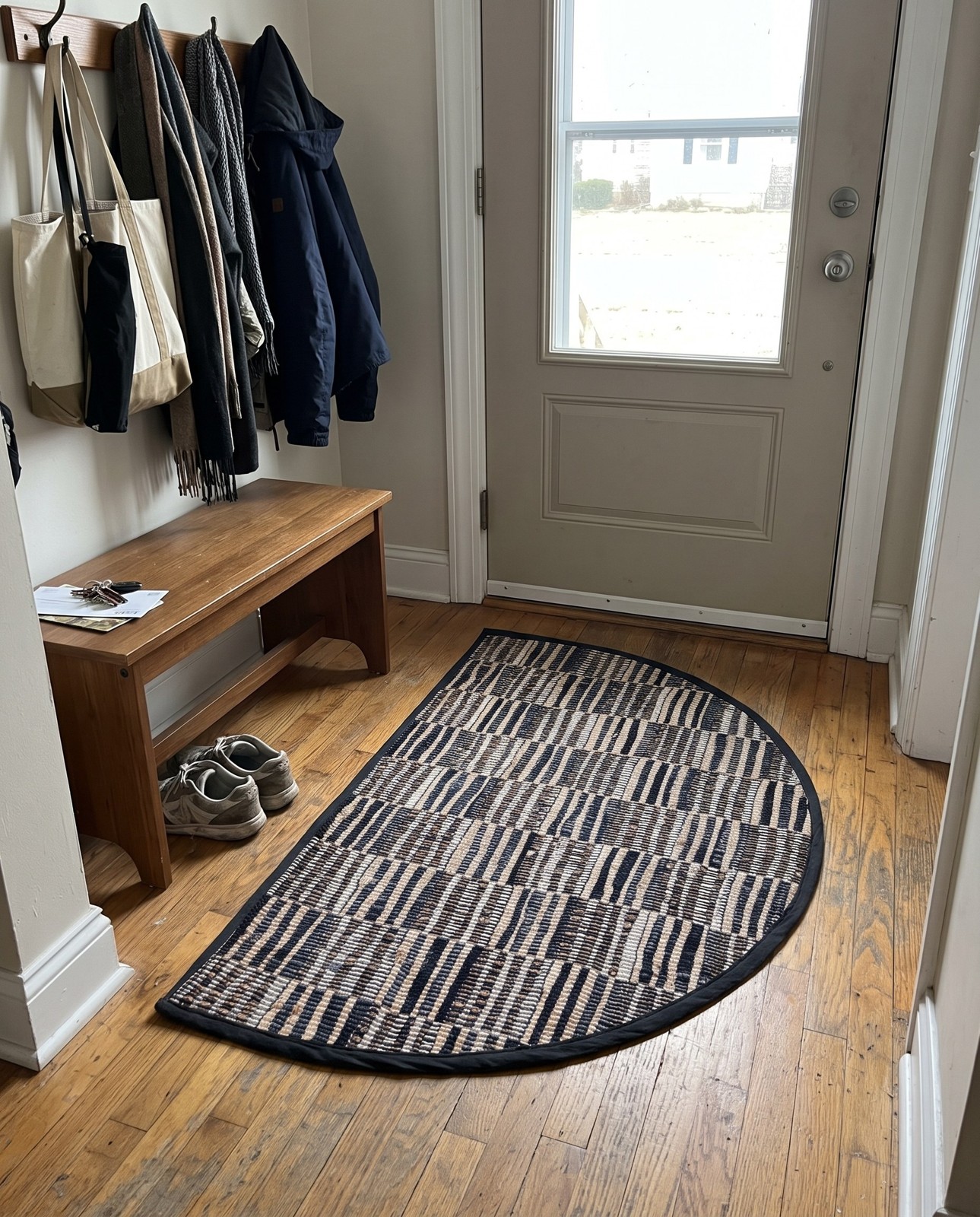 2' 2 x 3' 7 Ratcliff · Striped Chindi Rug, charcoal, beige and blue