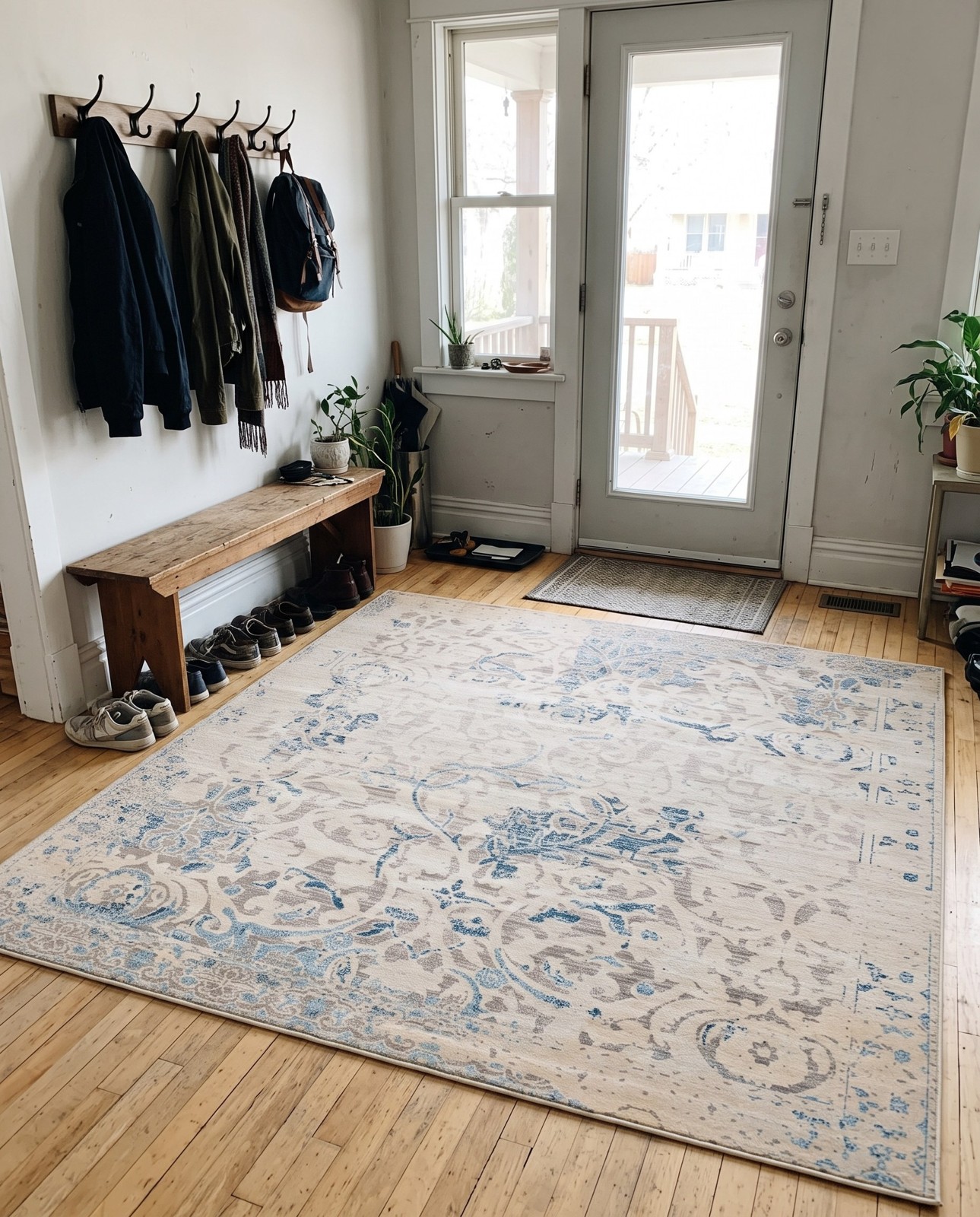Detail image of 5' x 8' Mint · Distressed traditional rug, beige and blue
