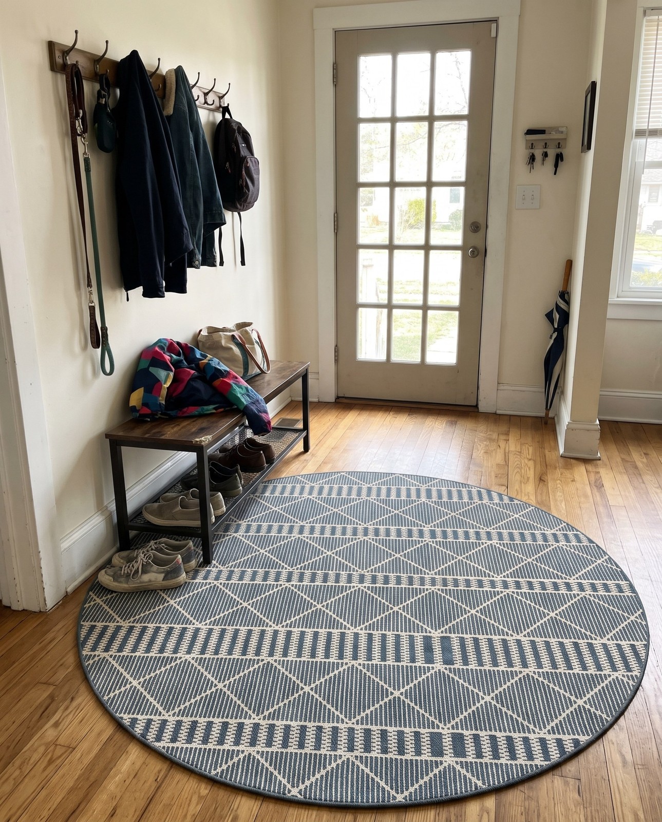 Detail image of 7' 10 x 7' 10 Lomax · Geometric diamond Outdoor Rug, blue and ivory