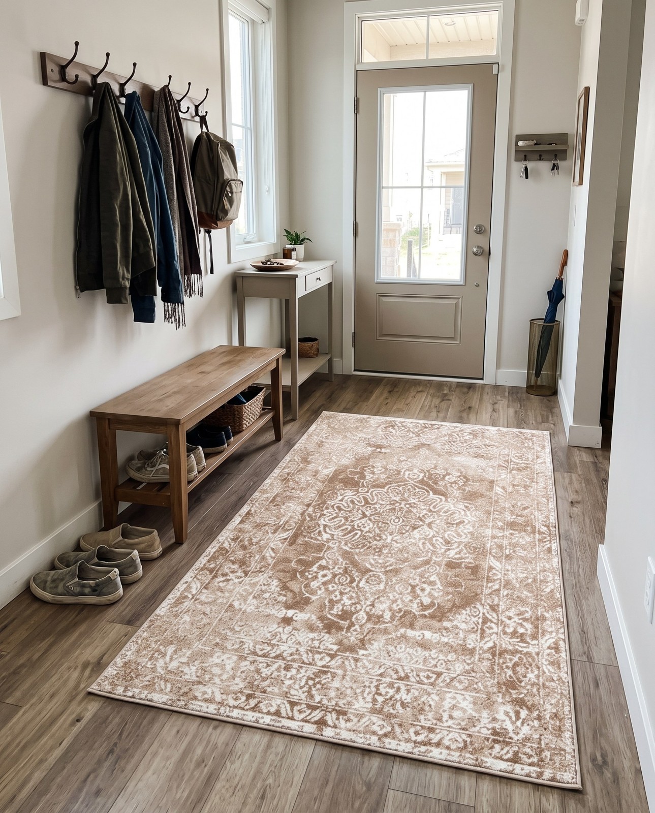 5' 3 x 8' Curlew · Distressed medallion rug, beige and ivory