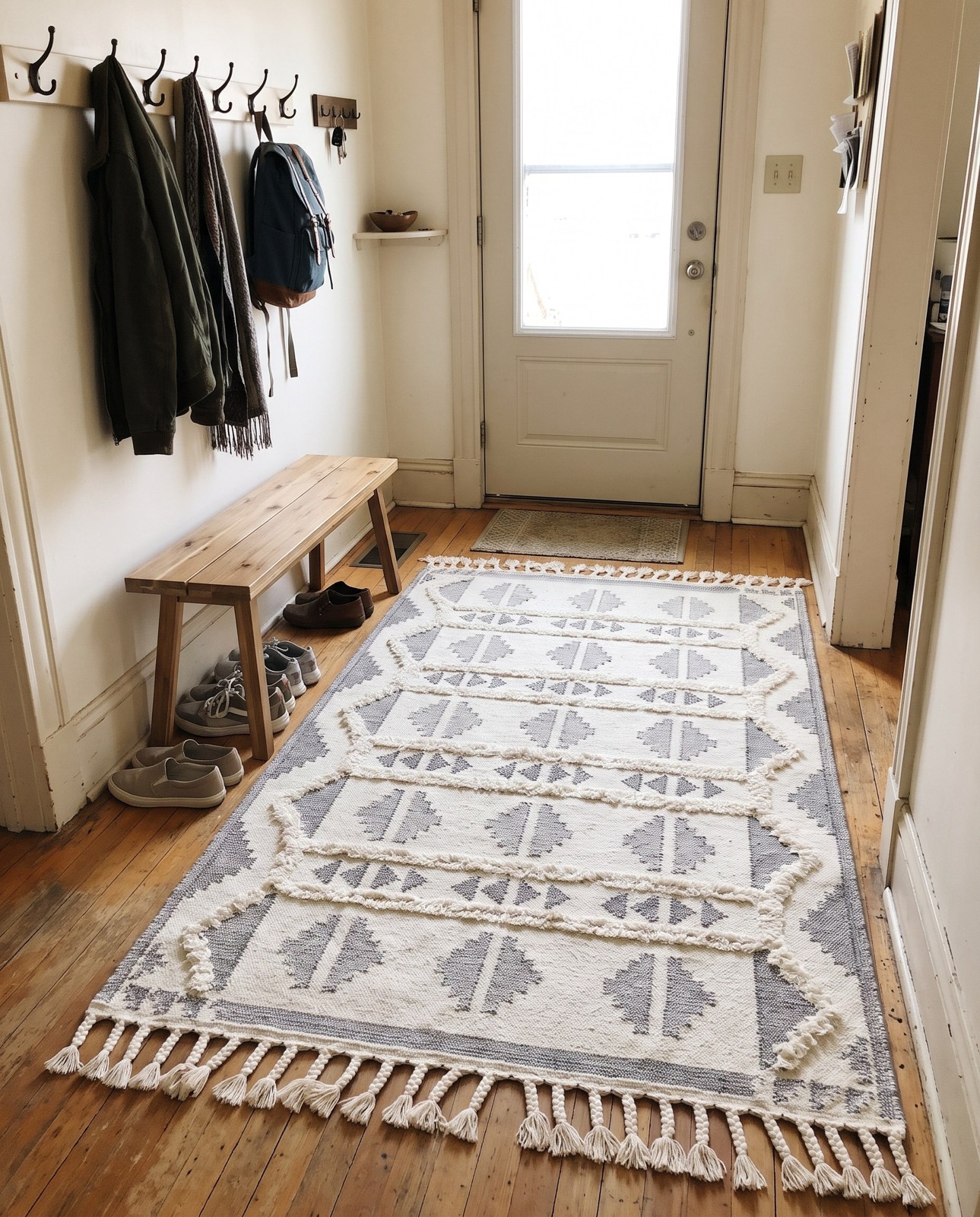 Detail image of 4' 1 x 6' 1 Maitland · Geometric tribal Wool Rug, white and gray
