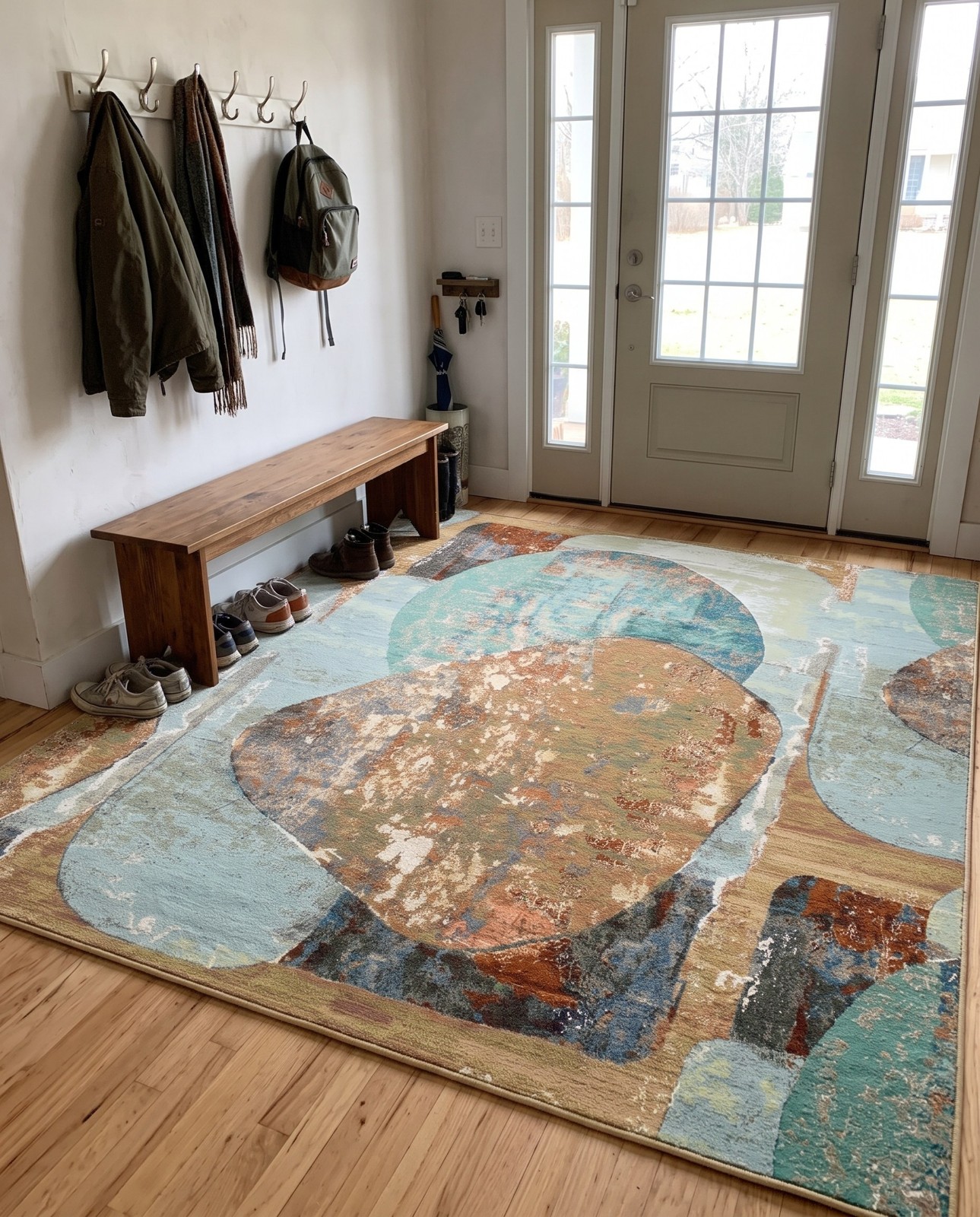 10' x 10' Lomax · Abstract pebble Outdoor Rug, teal and terracotta
