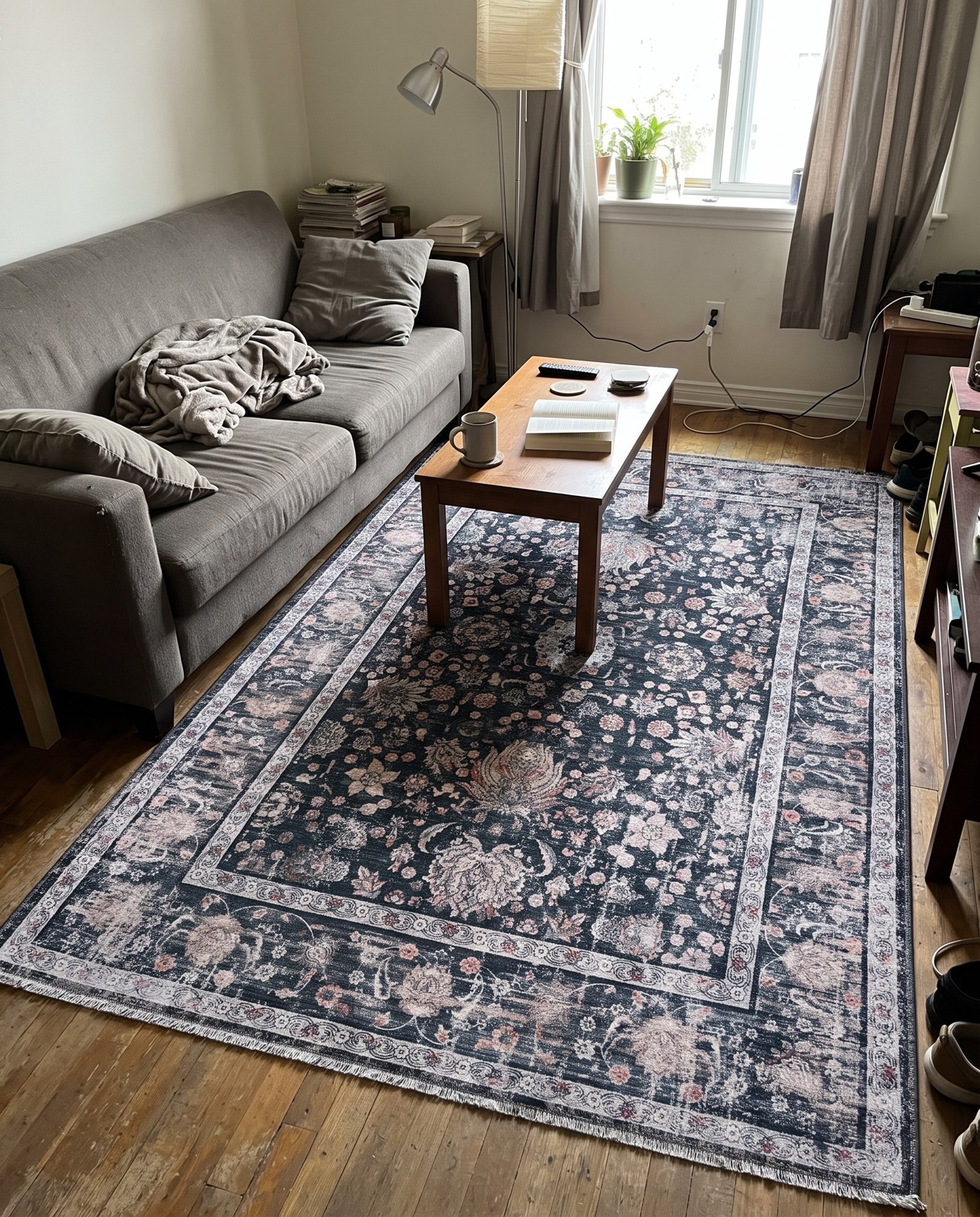 4' x 6' Bertie · Distressed floral rug, ink and ivory