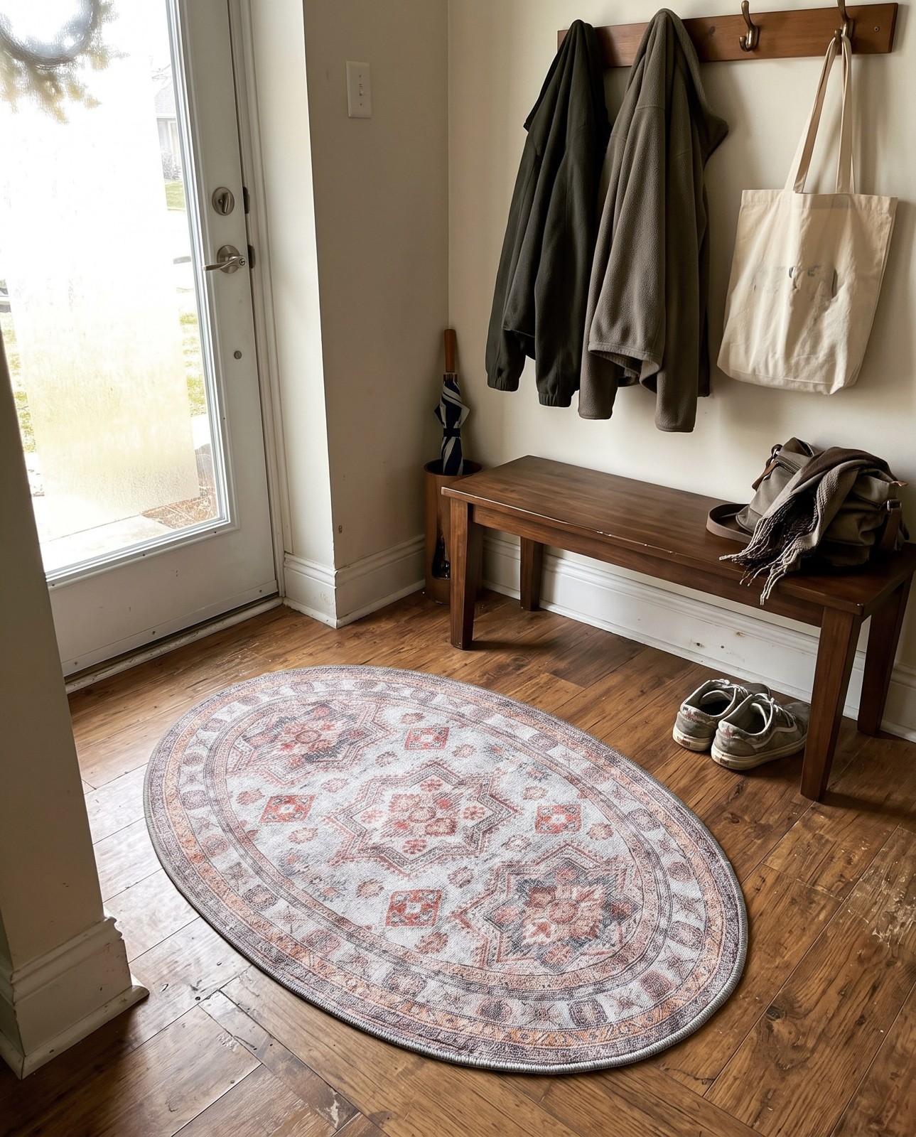 Detail image of 4' 1 x 6' 1 Pickett · Faded medallion Washable Rug, ivory and terracotta