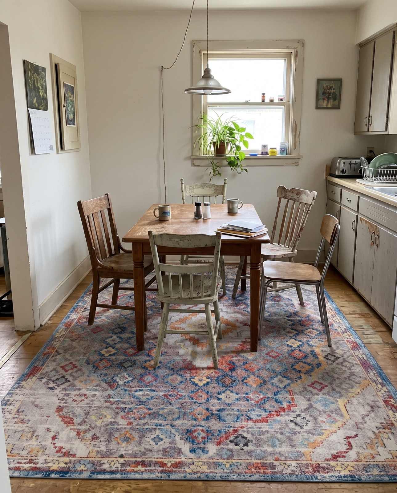 9' x 12' 2 Hickorywood · Distressed medallion rug, blue and multicolor