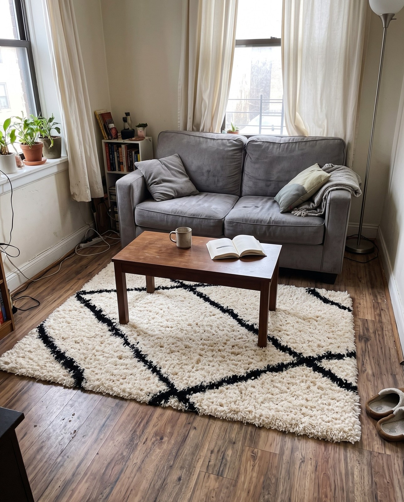 3' x 5' 3 Rockingham · Diamond shag rug, pearl and black