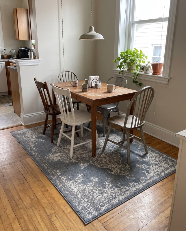 Maude Distressed medallion rug, gray and ivory, 4×6, in a room