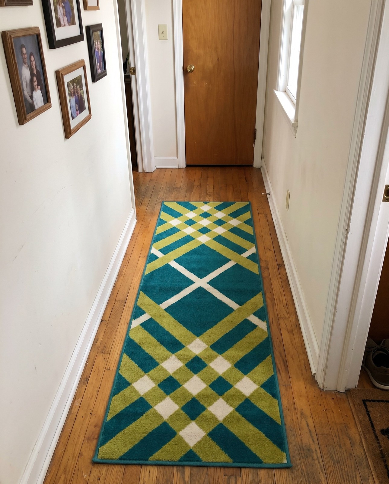 2' x 6' Vaughn · Geometric plaid rug, green and gold