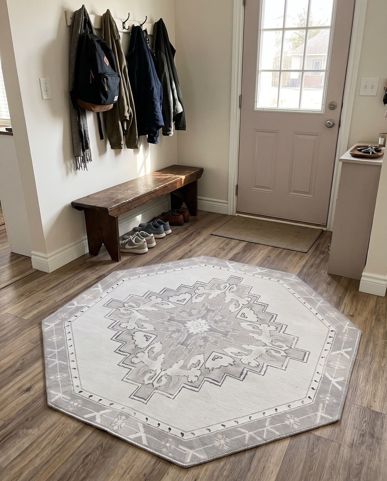 7' 6 x 7' 6 Sanderson · Medallion Washable Rug, gray and white
