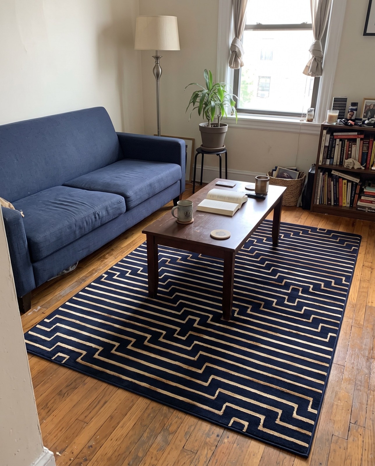 2' x 3' Cottonwood · Geometric rug, navy blue and gold