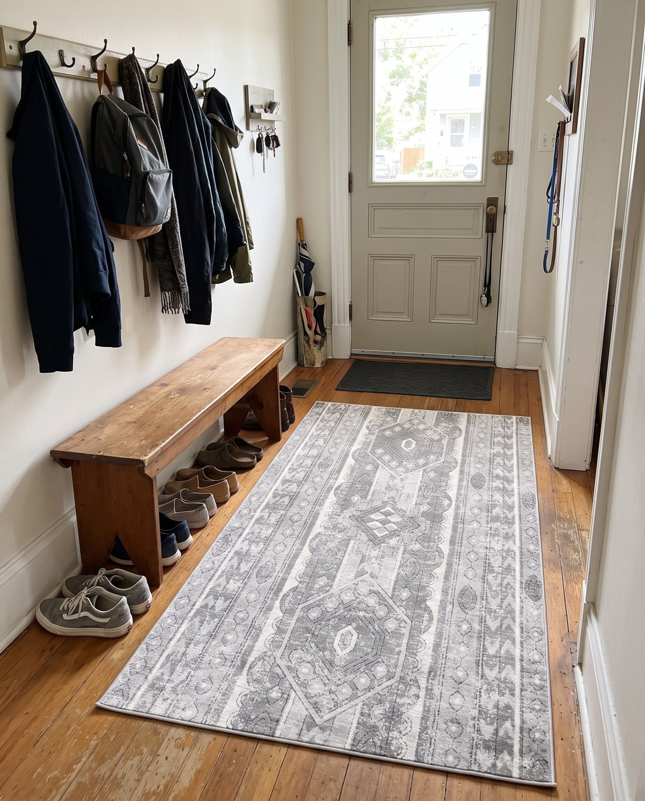 9' x 12' Grouse · Geometric tribal rug, gray and ivory