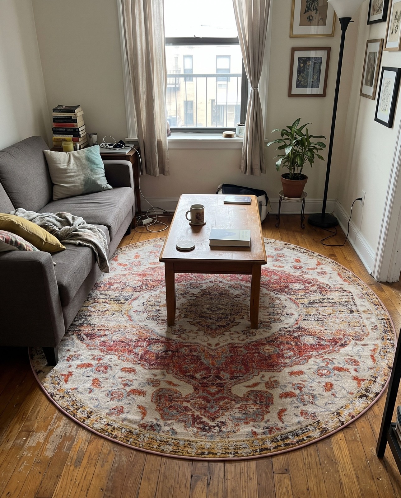 Detail image of 8' x 8' Cunliffe · Medallion rug, salmon and beige