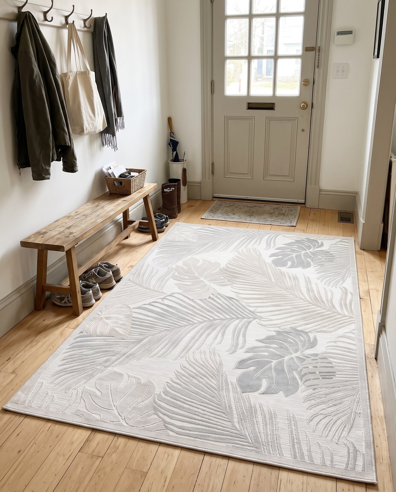6' 4 x 9' Adirondack · Tropical leaf Outdoor Rug, gray and ivory