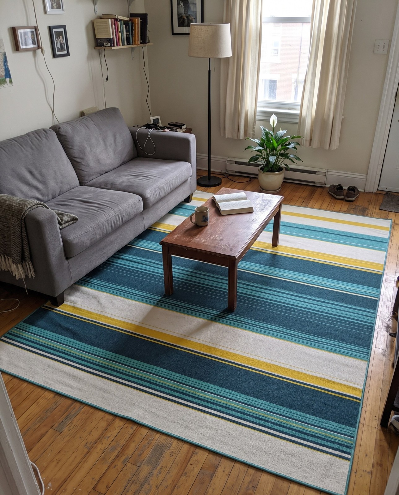 9' x 12' Larkin · Striped Outdoor Rug, navy, teal and yellow