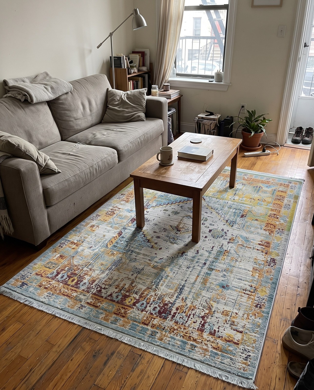 Detail image of 4' 3 x 6' Studley · Distressed medallion rug, blue and yellow