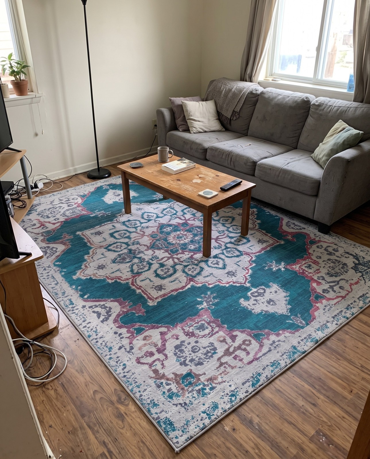Detail image of 10' 6 x 13' Rideout · Medallion Washable Rug, teal and gray