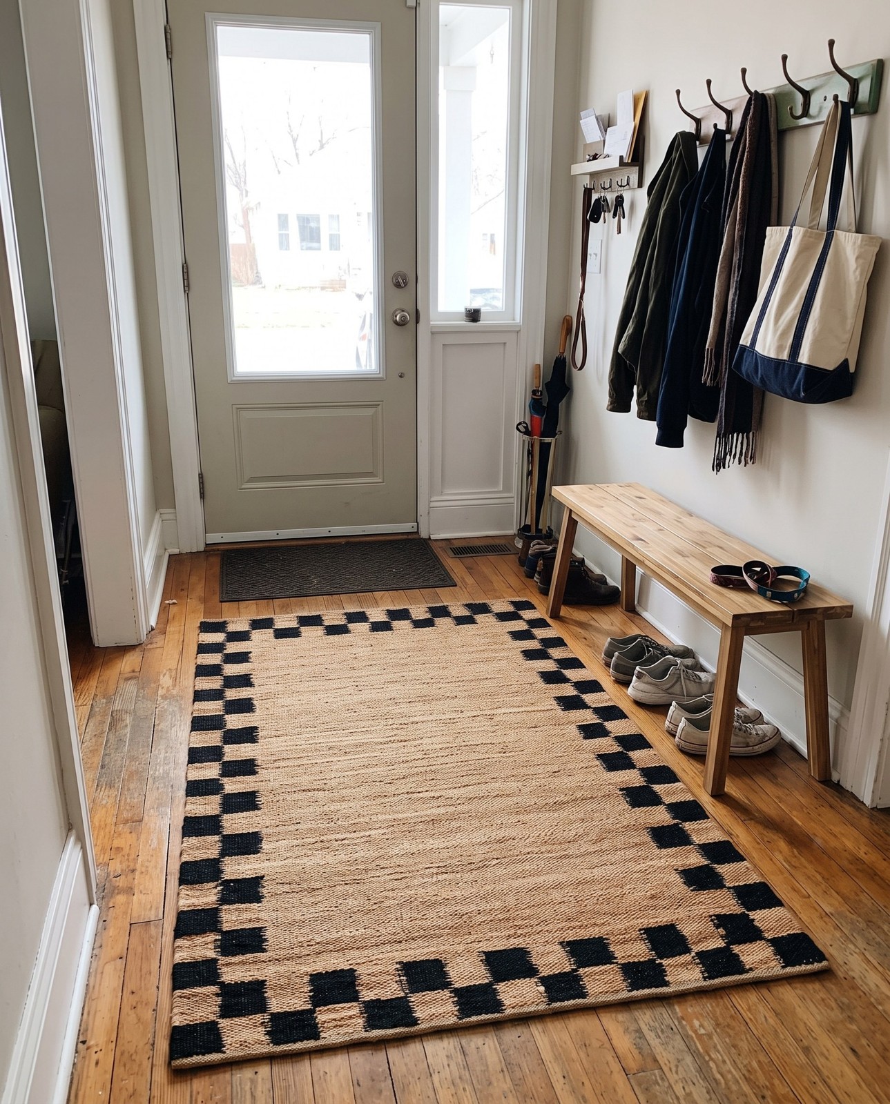 5' 1 x 8' Nell · Checkerboard border rug, natural and black