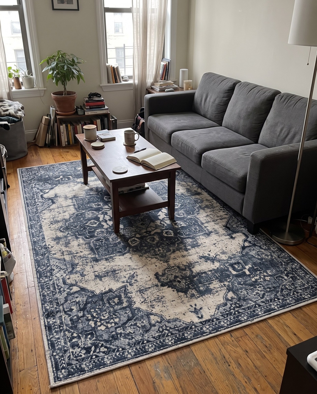 5' x 8' Todd · Distressed medallion rug, ivory and slate
