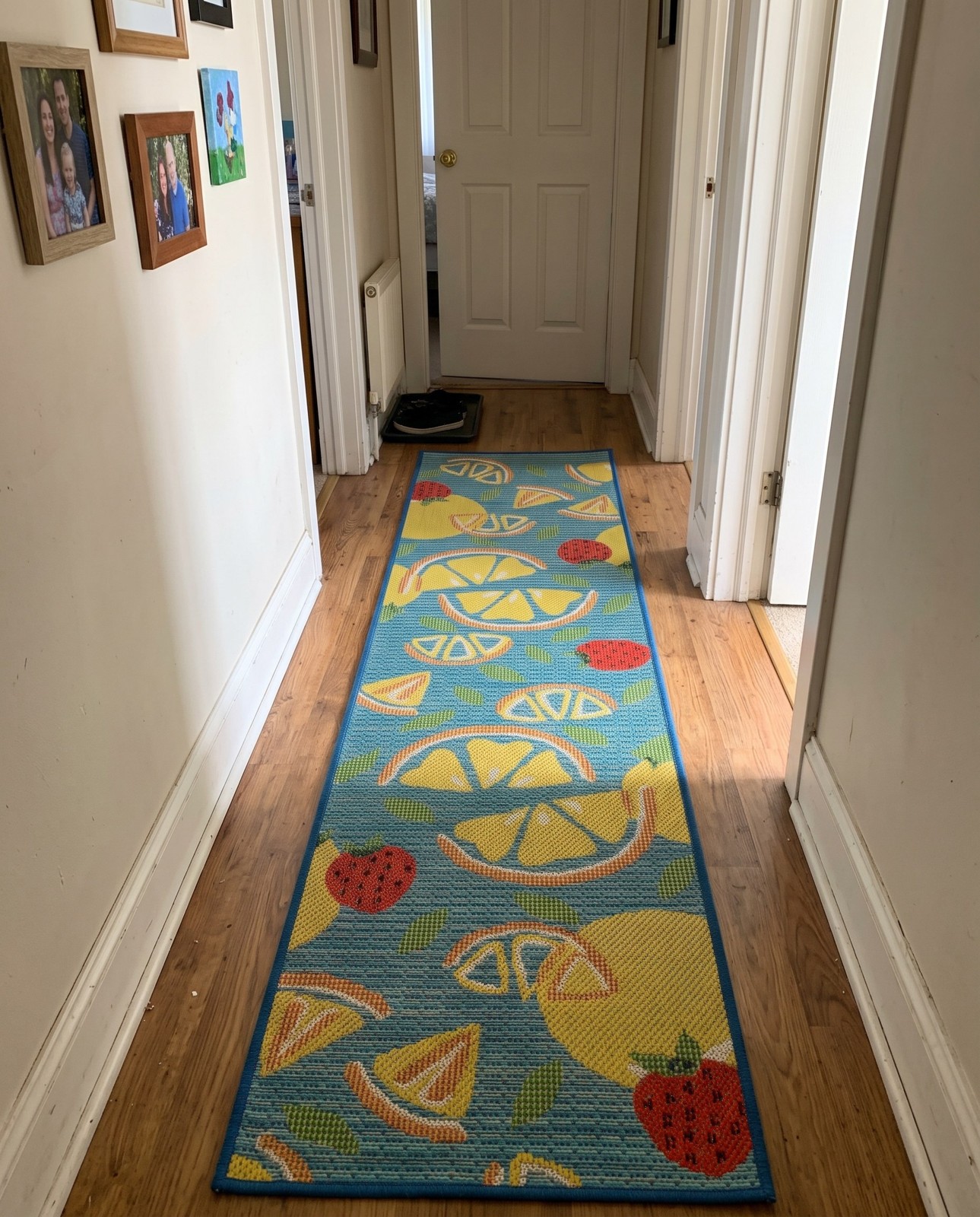 Detail image of 2' x 5' 1 Masterson · Citrus fruit Outdoor Rug, blue and yellow
