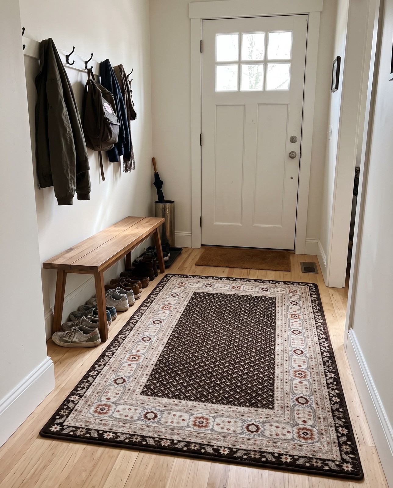 4' x 6' Fleetwood · Bordered geometric rug, brown and ivory