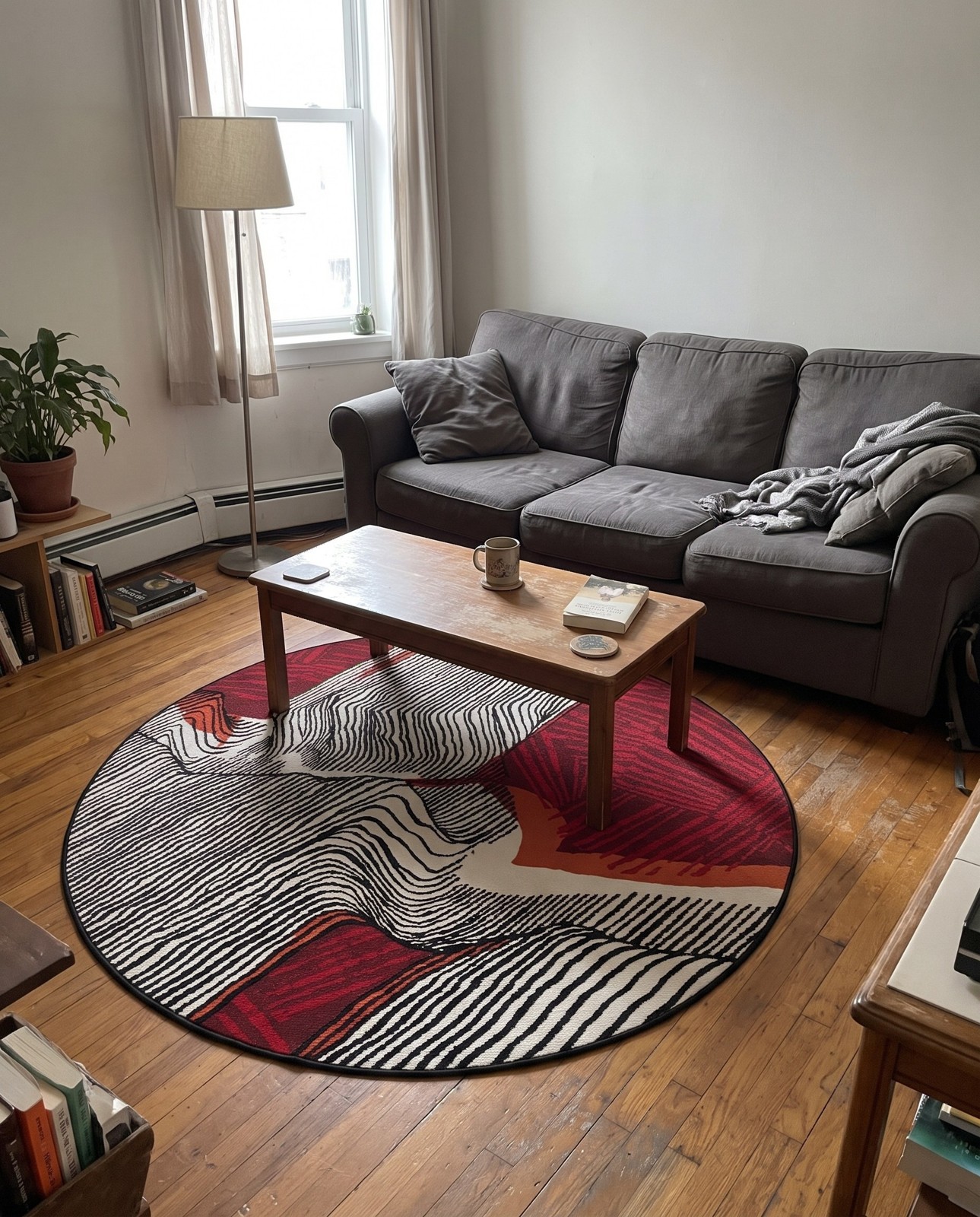 5' x 5' Orchard · Abstract striped Outdoor Rug, red and black
