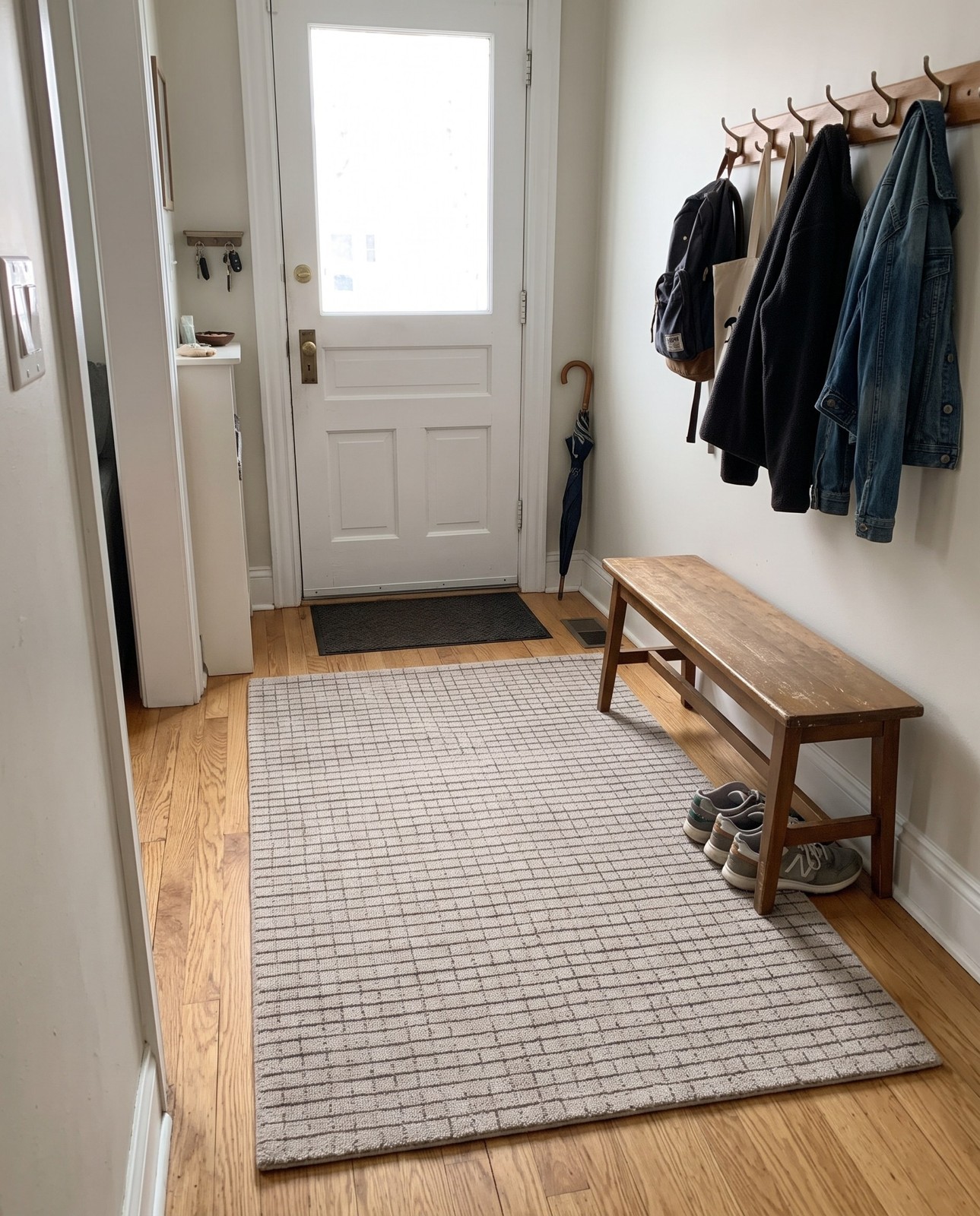 5' 1 x 8' Walsh · Grid Wool Rug, beige and charcoal