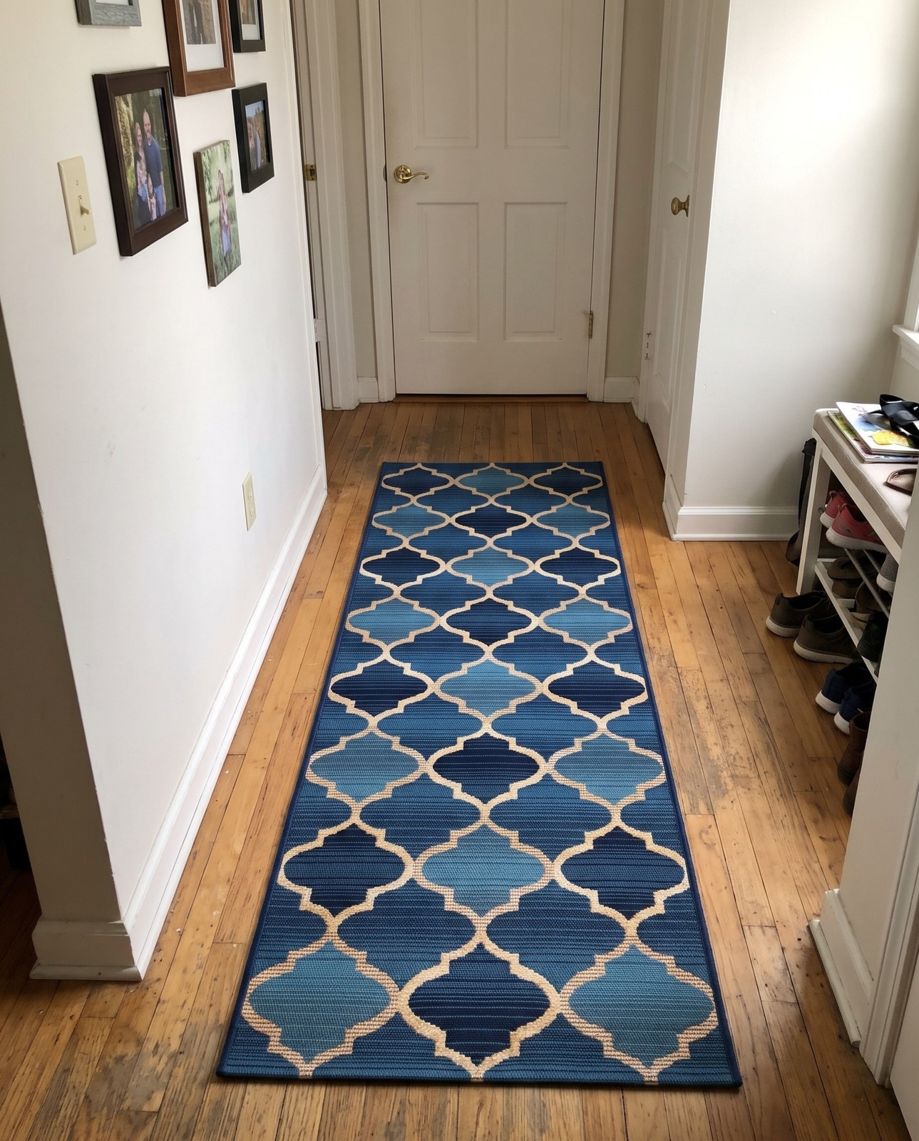 2' x 6' Lomax · Geometric trellis Outdoor Rug, blues and beige