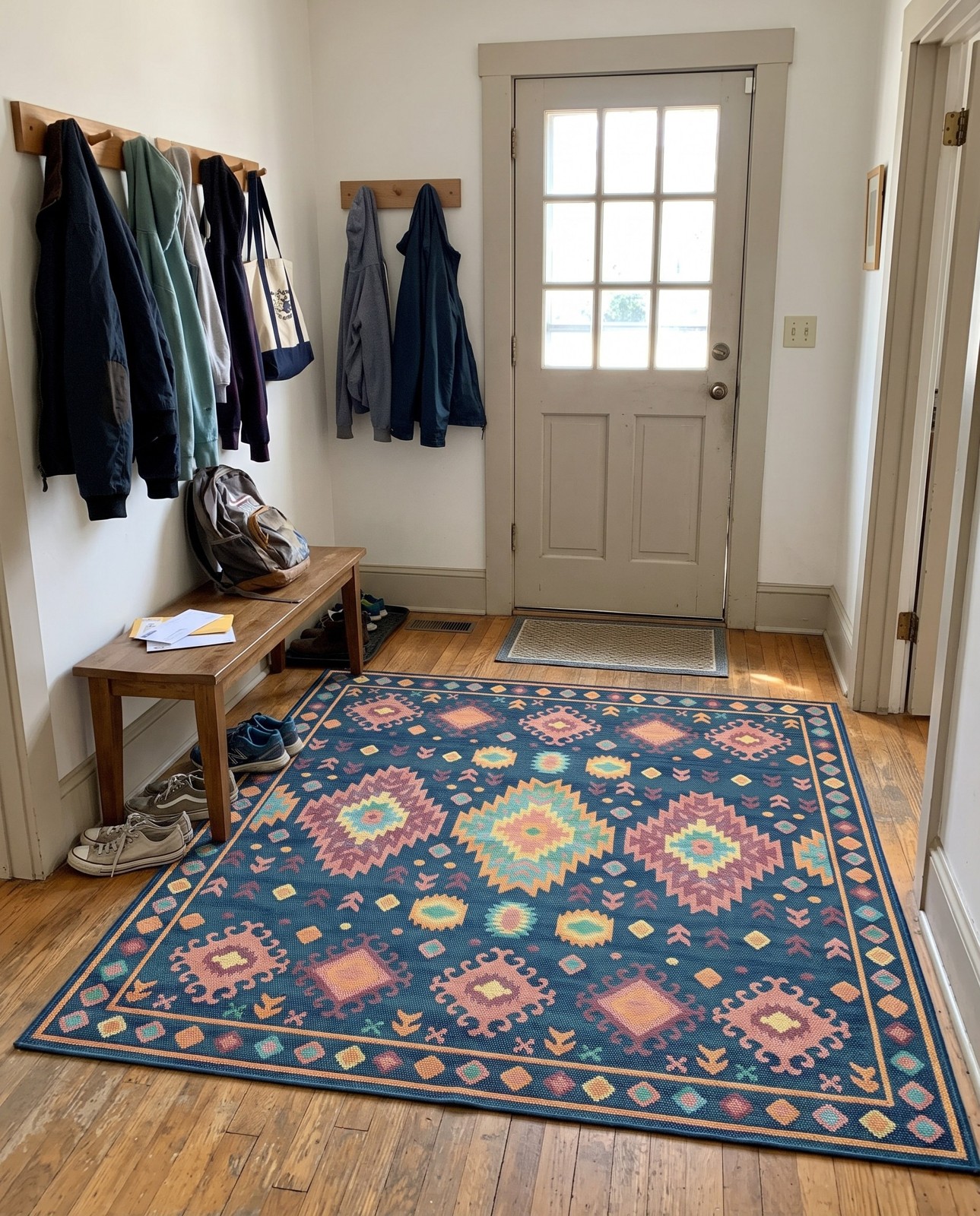 Detail image of 10' x 10' Phelps · Southwestern geometric Outdoor Rug, multicolor and navy