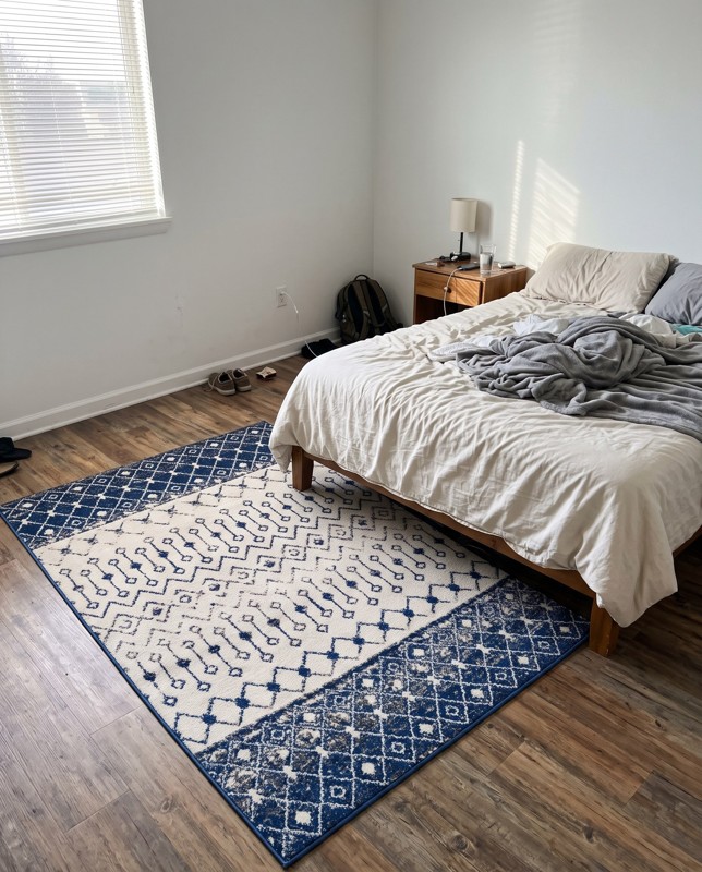 Vernon Tribal geometric rug, blue and ivory, 4×6, in a room