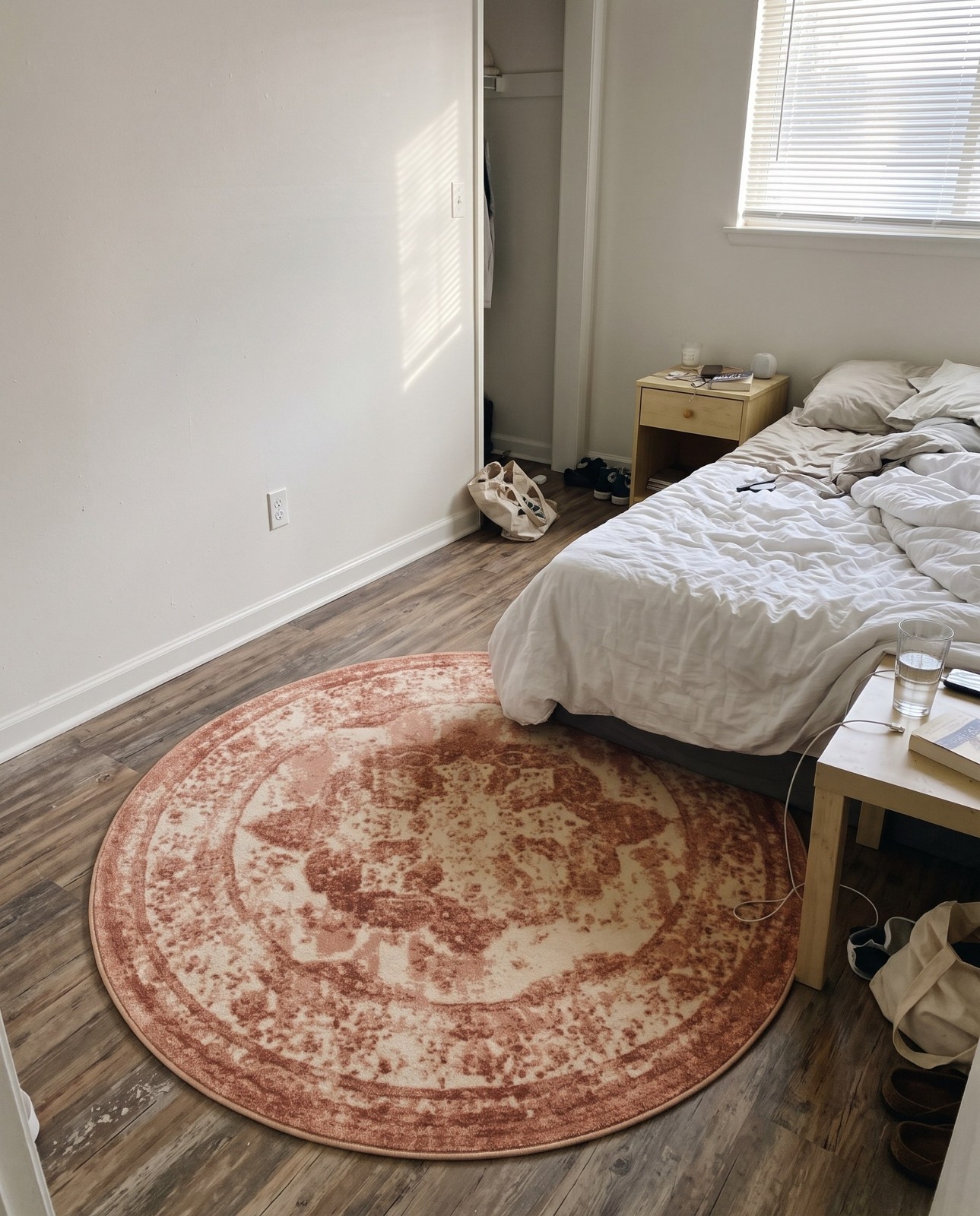 Detail image of 5' x 5' Blakemore · Distressed medallion rug, rose and ivory