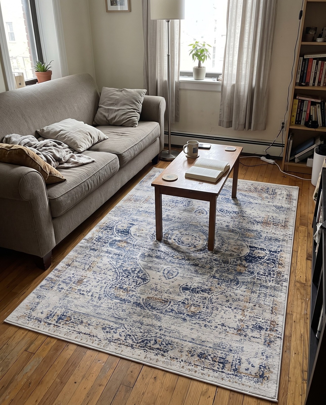 4' x 6' Leaver · Distressed medallion rug, blue and gray