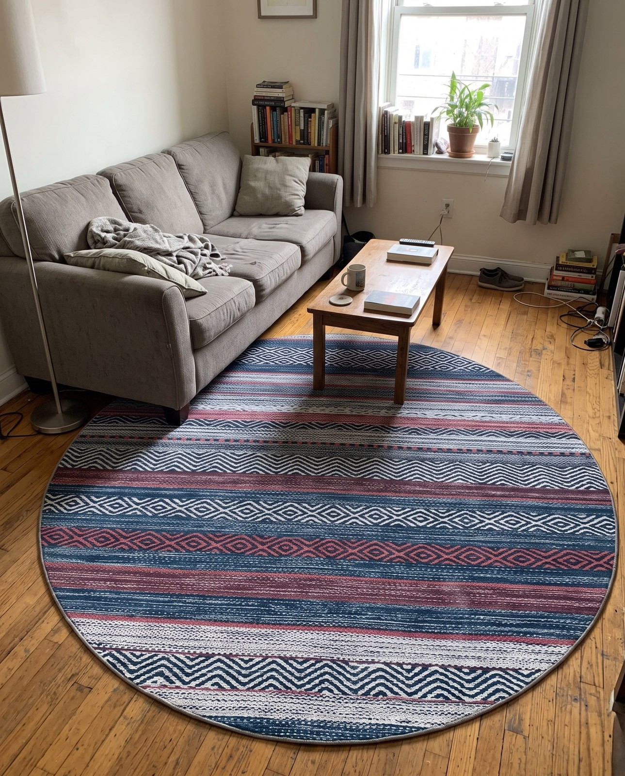 9' x 12' Pagosa · Striped geometric rug, navy and red