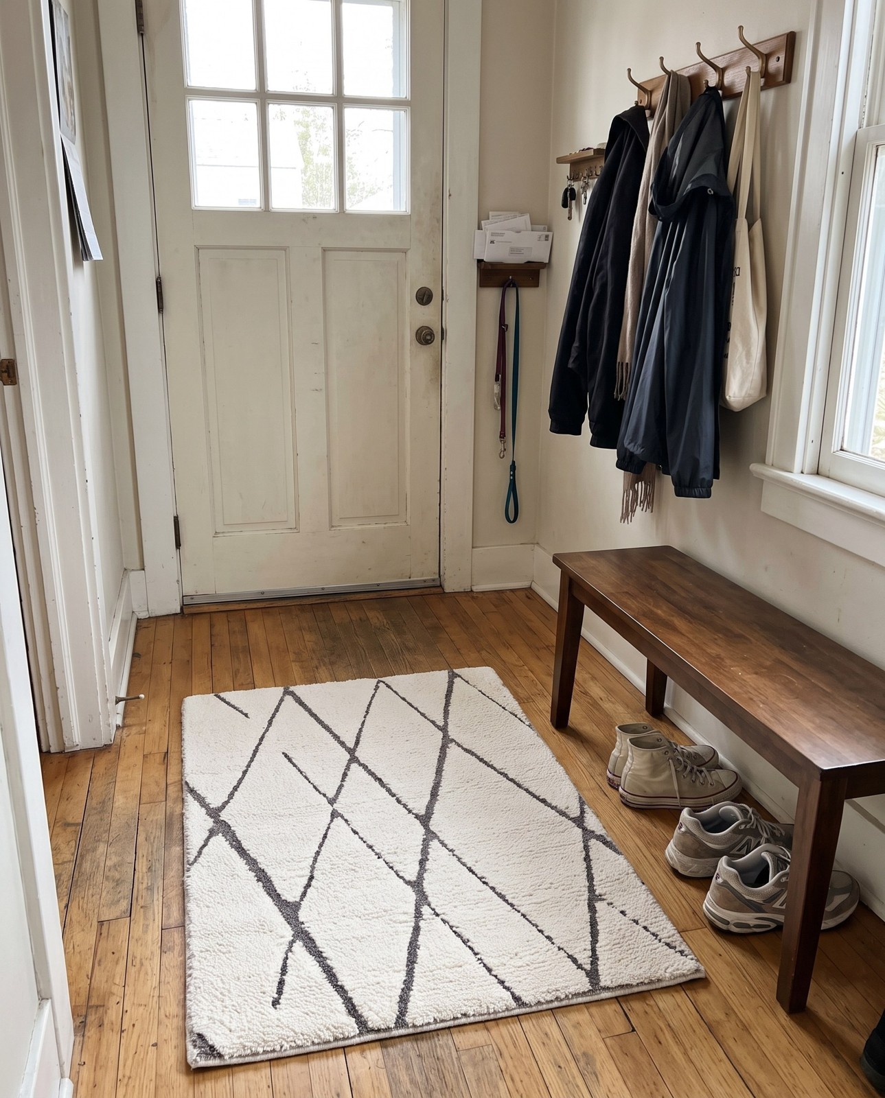2' x 3' 1 Geary · Diamond lattice Wool Shag Rug, ivory and gray